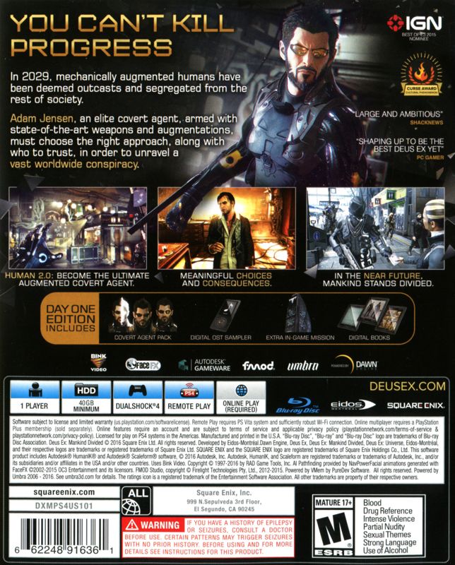 
Deus Ex: Mankind Divided (Day One Edition) | PlayStation 4 | back cover | Data by MobyGames.com