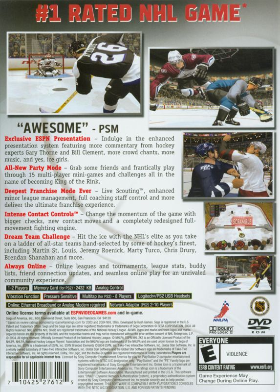 ESPN NHL 2K5 | PlayStation 2 | back cover | Region: North America | source-country=Canada,United States | Data by MobyGames.com