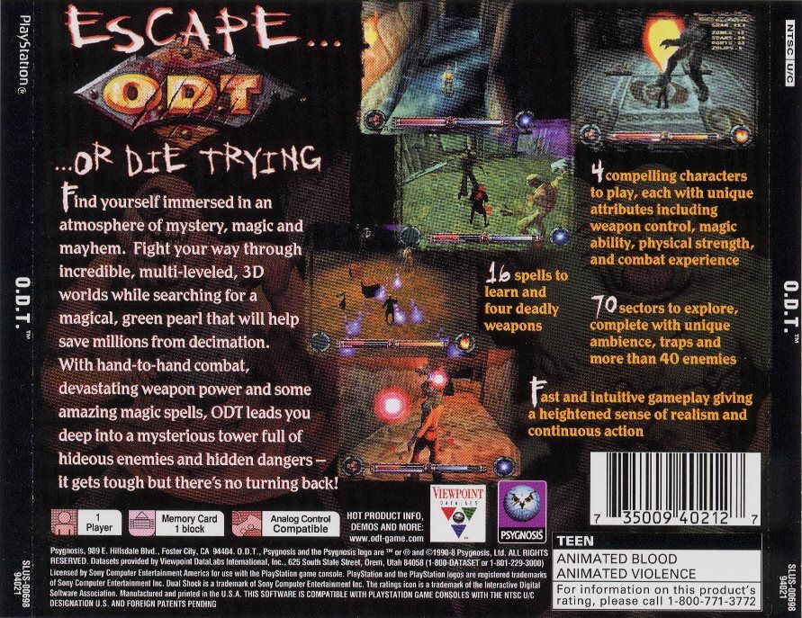 
O.D.T.: Escape... or Die Trying | PlayStation | back cover | Region: North America | source-country=United States | Data by MobyGames.com