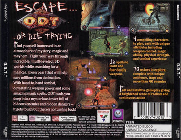 
O.D.T.: Escape... or Die Trying | PlayStation | back cover | Region: North America | source-country=United States | Data by MobyGames.com