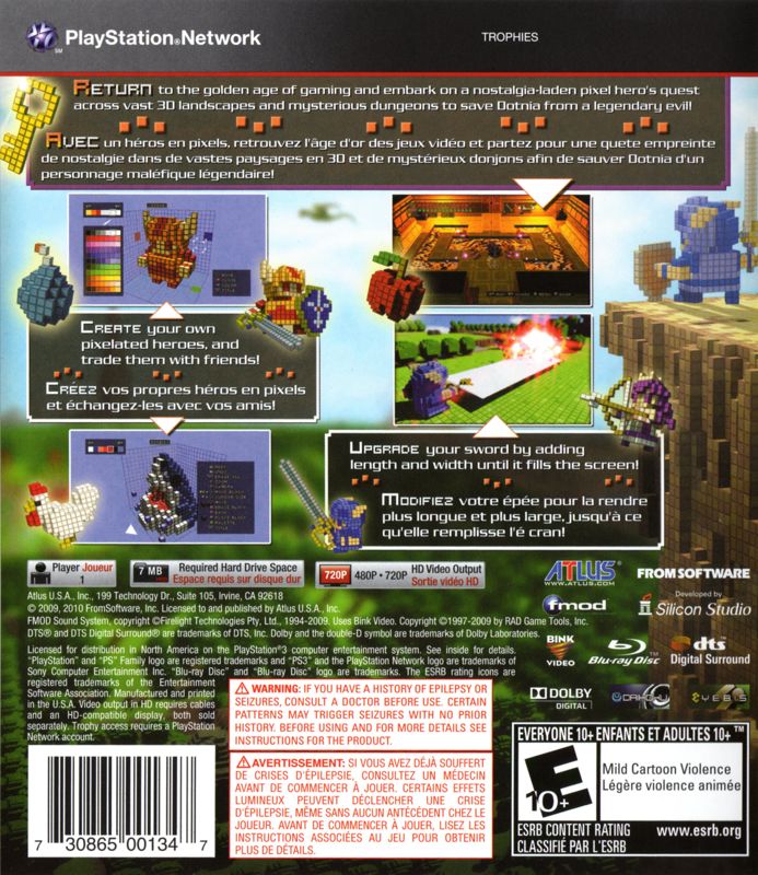 
3D Dot Game Heroes | PlayStation 3 | back cover | Region: North America | source-country=United States | Data by MobyGames.com