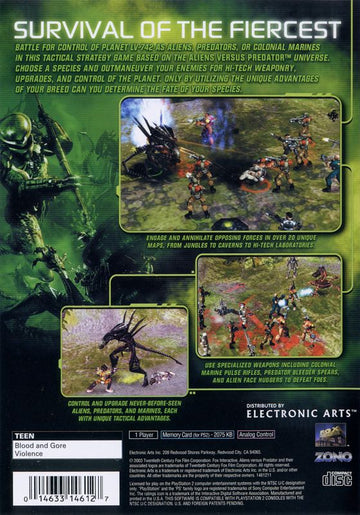 Aliens Versus Predator: Extinction | PlayStation 2 | back cover | region=North America | source-country=Canada,United States | zypher-v2 | moby-d62c153438f0 | Data by MobyGames.com