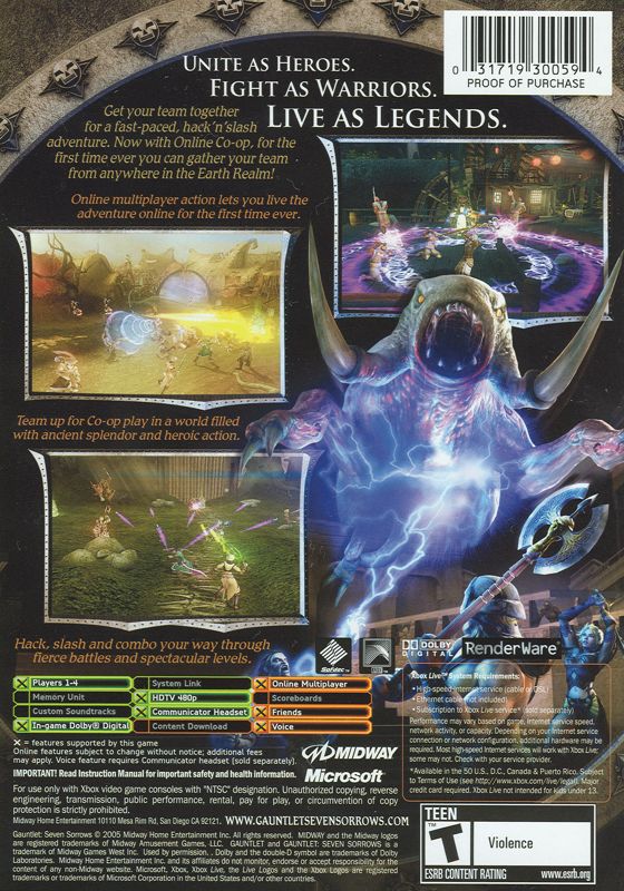 
Gauntlet: Seven Sorrows | Xbox | back cover | Data by MobyGames.com