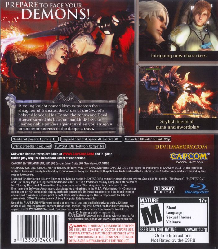 Devil May Cry 4 | PlayStation 3 | back cover | Region: North America | source-country=United States | Data by MobyGames.com