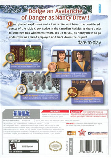 Nancy Drew: The White Wolf of Icicle Creek | Wii | back cover | region=North America | source-country=United States | zypher-v2 | moby-b65e5d6217f6 | Data by MobyGames.com