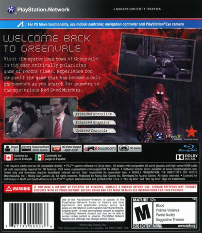 
Deadly Premonition: The Director's Cut | PlayStation 3 | back cover | Data by MobyGames.com