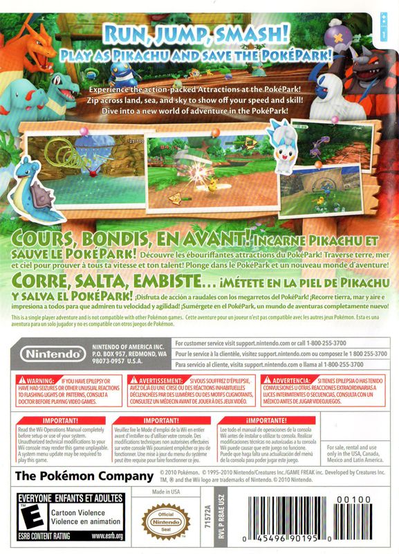 PokéPark Wii: Pikachu's Adventure | Wii | back cover | region=North America | source-country=Canada,Mexico,United States | zypher-v2 | moby-8584051ecc35 | Data by MobyGames.com