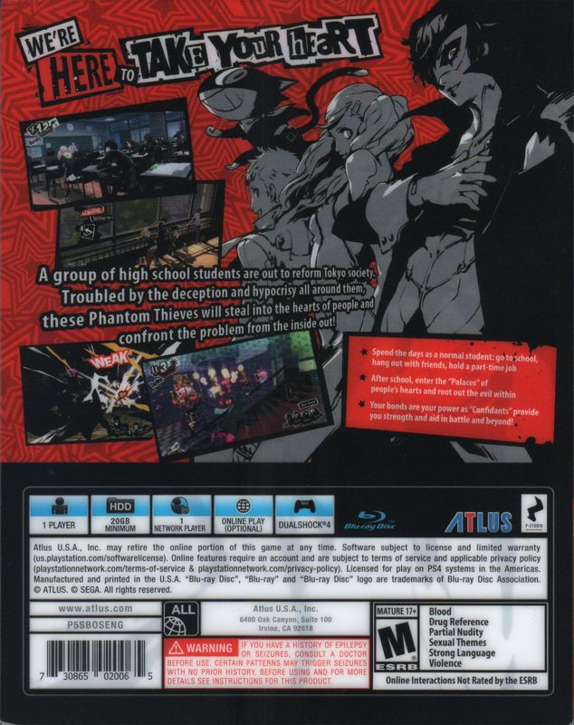 
Persona 5 | PlayStation 4 | back cover | Region: North America | source-country=United States | Data by MobyGames.com