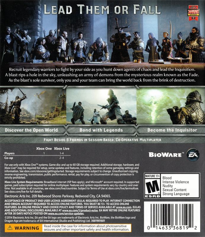 
Dragon Age: Inquisition | Xbox One | back cover | Region: North America | source-country=United States | Data by MobyGames.com