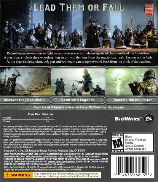 
Dragon Age: Inquisition | Xbox One | back cover | Region: North America | source-country=United States | Data by MobyGames.com