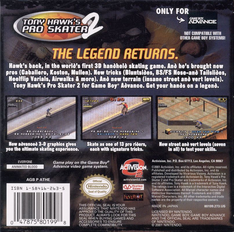 Tony Hawk's Pro Skater 2 | Game Boy Advance | back cover | region=North America | source-country=United States | zypher-v2 | moby-fe3cb83ab62c | Data by MobyGames.com