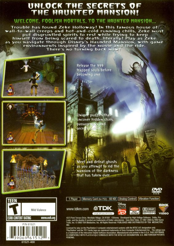 
Disney's The Haunted Mansion | PlayStation 2 | back cover | Region: North America | source-country=Canada,United States | Data by MobyGames.com