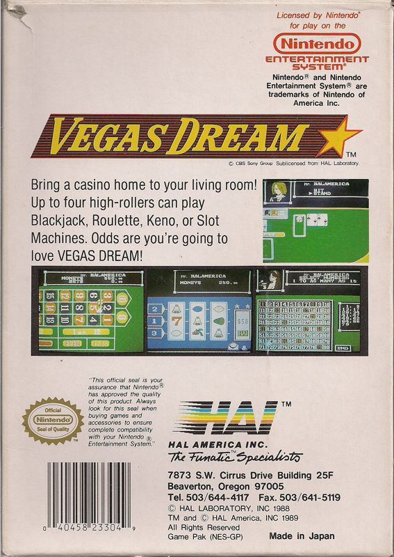 
Vegas Dream | NES | back cover | Data by MobyGames.com