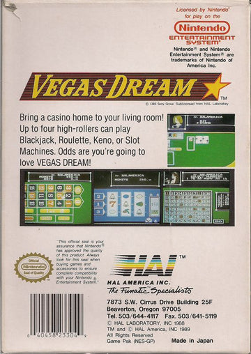 
Vegas Dream | NES | back cover | Data by MobyGames.com
