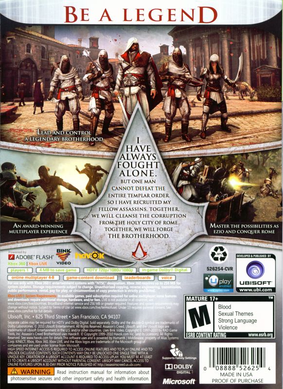 Assassin's Creed: Brotherhood | Xbox 360 | back cover | region=North America | source-country=Canada,United States | zypher-v2 | moby-f66b40e2c757 | Data by MobyGames.com