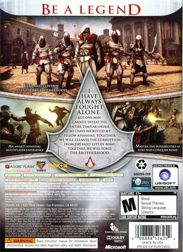 Assassin's Creed: Brotherhood | Xbox 360 | back cover | region=North America | source-country=Canada,United States | zypher-v2 | moby-f66b40e2c757 | Data by MobyGames.com