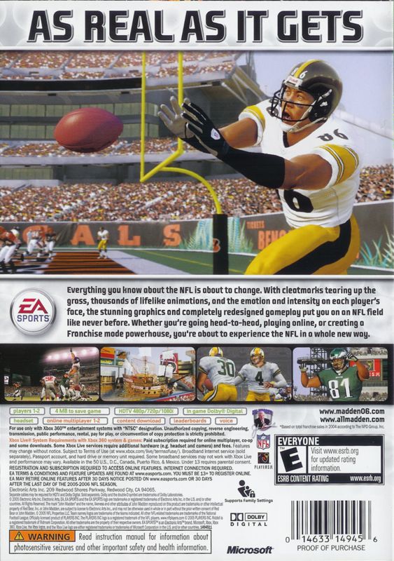Madden NFL 06 | Xbox 360 | back cover | region=North America | source-country=United States | zypher-v2 | moby-aacd9ad2e090 | Data by MobyGames.com