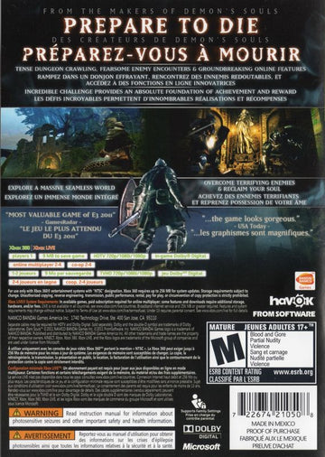 Dark Souls | Xbox 360 | back cover | region=North America | source-country=Canada,United States | zypher-v2 | moby-76784186792d | Data by MobyGames.com