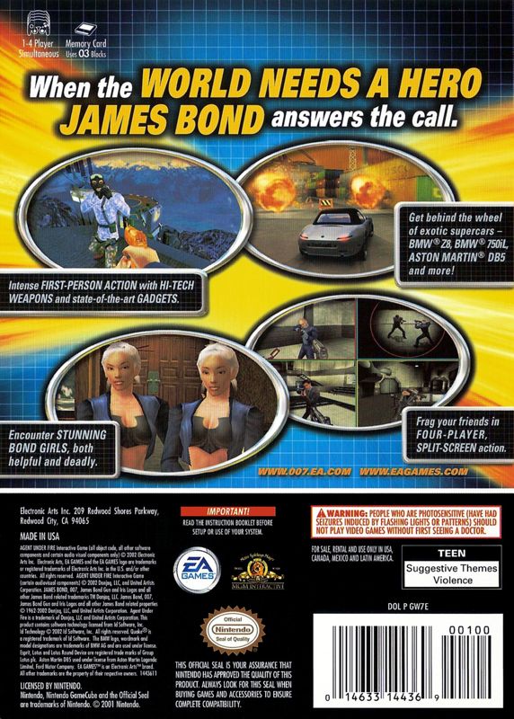 007: Agent Under Fire | GameCube | back cover | region=North America | source-country=Canada,Mexico,United States | zypher-v2 | moby-1ba2edd30762 | Data by MobyGames.com