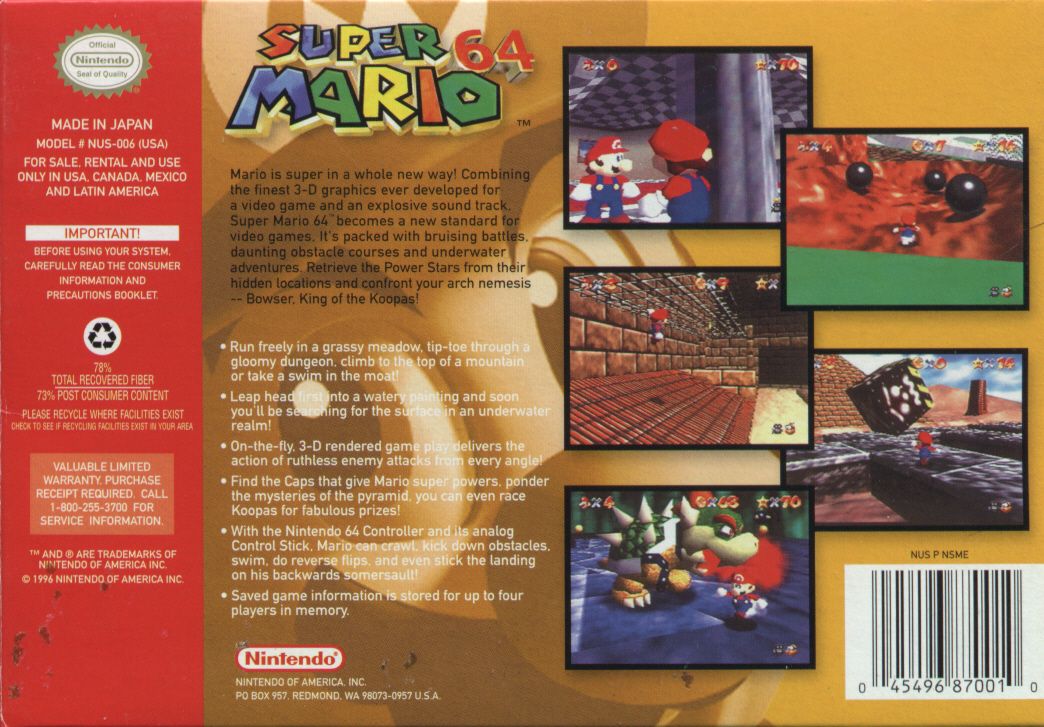 
Super Mario 64 | Nintendo 64 | back cover | Data by MobyGames.com
