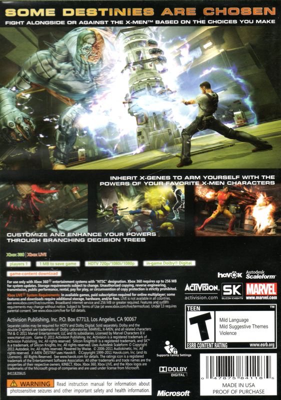 
X-Men: Destiny | Xbox 360 | back cover | Region: North America | source-country=United States | Data by MobyGames.com