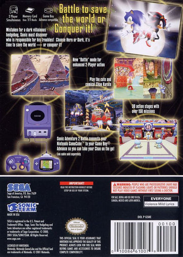 Sonic Adventure 2: Battle | GameCube | back cover | region=North America | source-country=Canada,Mexico,United States | zypher-v2 | moby-15437d3fd3c6 | Data by MobyGames.com
