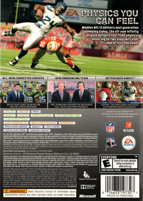 Madden NFL 13 | Xbox 360 | back cover | region=North America | source-country=United States | zypher-v2 | moby-978c4ff9f8c3 | Data by MobyGames.com