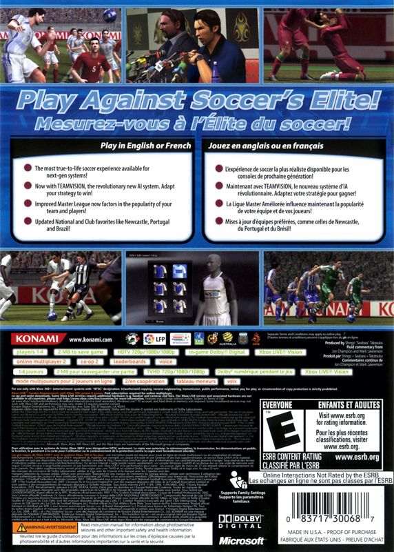 
PES 2008: Pro Evolution Soccer | Xbox 360 | back cover | Region: North America | source-country=Canada,Mexico,United States | Data by MobyGames.com