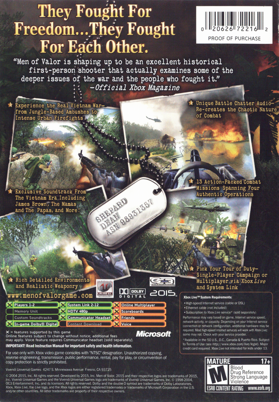 Men of Valor | Xbox | back cover | region=North America | source-country=United States | zypher-v2 | moby-c361236257ed | Data by MobyGames.com