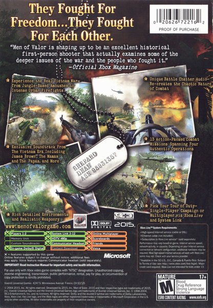 Men of Valor | Xbox | back cover | region=North America | source-country=United States | zypher-v2 | moby-c361236257ed | Data by MobyGames.com
