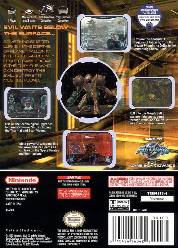Metroid Prime | GameCube | back cover | region=North America | source-country=Canada,Mexico,United States | zypher-v2 | moby-39c2a74ac807 | Data by MobyGames.com