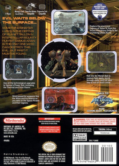 Metroid Prime | GameCube | back cover | region=North America | source-country=Canada,Mexico,United States | zypher-v2 | moby-39c2a74ac807 | Data by MobyGames.com