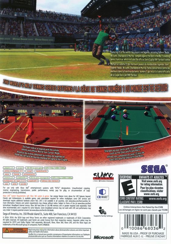 
Virtua Tennis 2009 | Xbox 360 | back cover | Region: North America | source-country=Canada,United States | Data by MobyGames.com