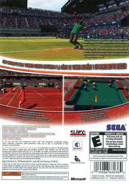 
Virtua Tennis 2009 | Xbox 360 | back cover | Region: North America | source-country=Canada,United States | Data by MobyGames.com