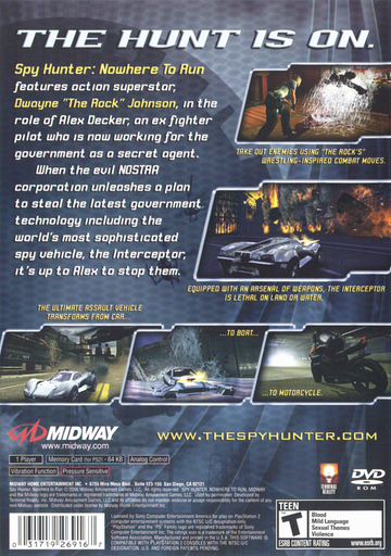 
Spy Hunter: Nowhere to Run | PlayStation 2 | back cover | Region: North America | source-country=United States | Data by MobyGames.com