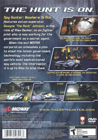 
Spy Hunter: Nowhere to Run | PlayStation 2 | back cover | Region: North America | source-country=United States | Data by MobyGames.com