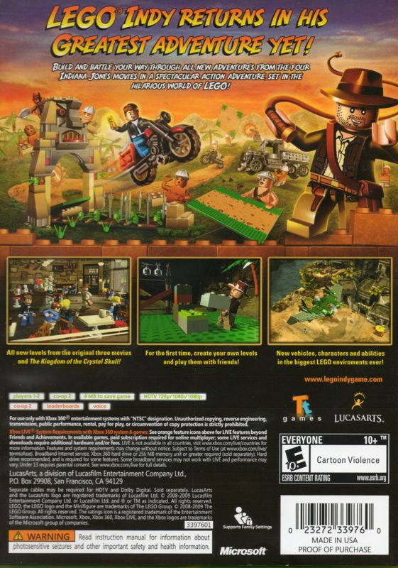 LEGO Indiana Jones 2: The Adventure Continues | Xbox 360 | back cover | region=North America | source-country=United States | zypher-v2 | moby-8aabb8825800 | Data by MobyGames.com