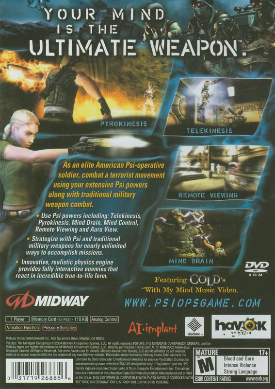 
Psi-Ops: The Mindgate Conspiracy | PlayStation 2 | back cover | Data by MobyGames.com