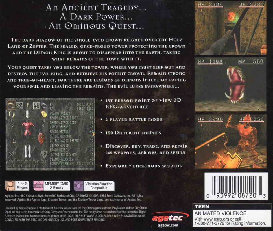 
Shadow Tower | PlayStation | back cover | Data by MobyGames.com