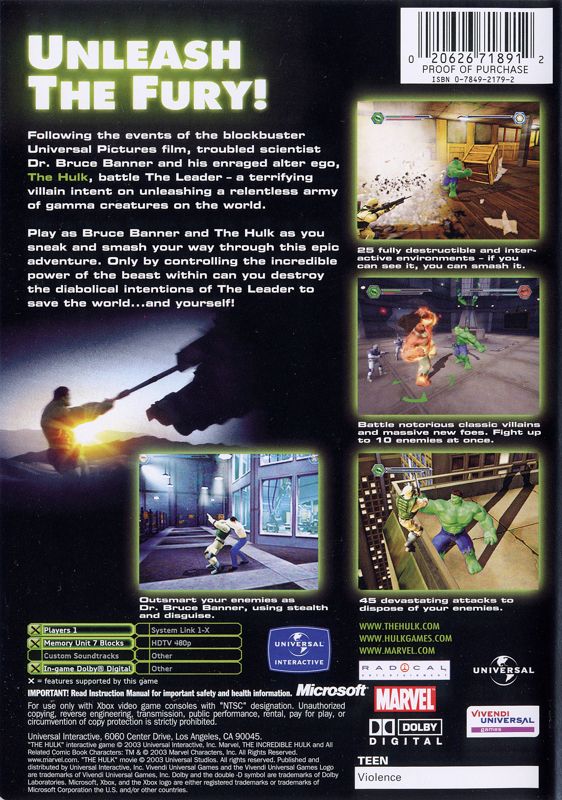 Hulk | Xbox | back cover | region=North America | source-country=United States | zypher-v2 | moby-7089db13ff29 | Data by MobyGames.com