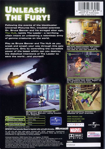 Hulk | Xbox | back cover | region=North America | source-country=United States | zypher-v2 | moby-7089db13ff29 | Data by MobyGames.com