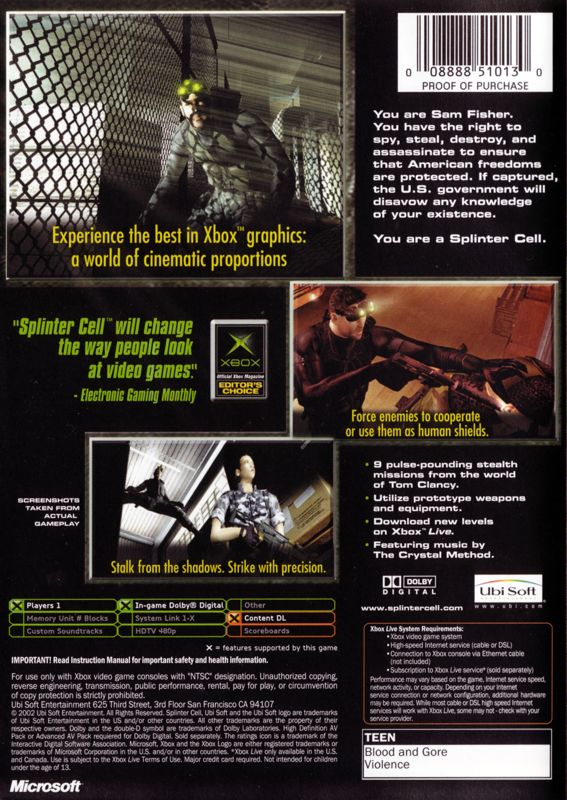 Tom Clancy's Splinter Cell | Xbox | back cover | region=North America | source-country=Canada,United States | zypher-v2 | moby-90a91eda6b53 | Data by MobyGames.com