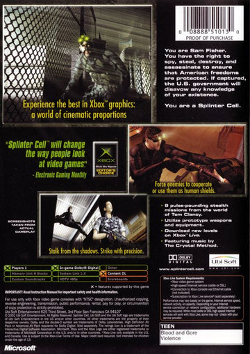 Tom Clancy's Splinter Cell | Xbox | back cover | region=North America | source-country=Canada,United States | zypher-v2 | moby-90a91eda6b53 | Data by MobyGames.com