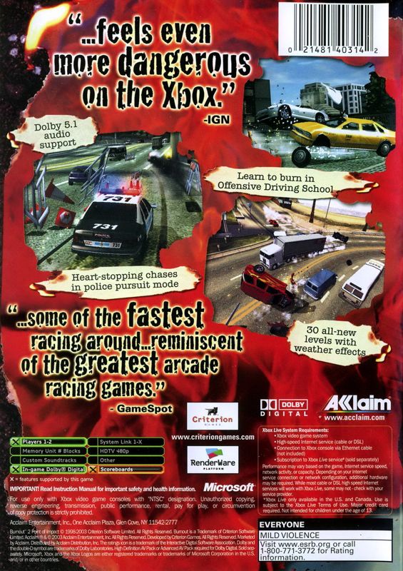 Burnout 2: Point of Impact | Xbox | back cover | Data by MobyGames.com