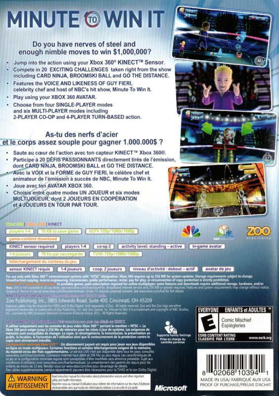
Minute To Win It | Xbox 360 | back cover | Data by MobyGames.com