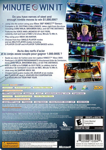 
Minute To Win It | Xbox 360 | back cover | Data by MobyGames.com