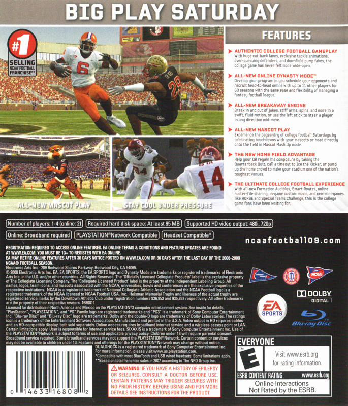 NCAA Football 09 | PlayStation 3 | back cover | region=North America | source-country=United States | zypher-v2 | moby-22229afa9c7e | Data by MobyGames.com