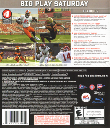 NCAA Football 09 | PlayStation 3 | back cover | region=North America | source-country=United States | zypher-v2 | moby-22229afa9c7e | Data by MobyGames.com