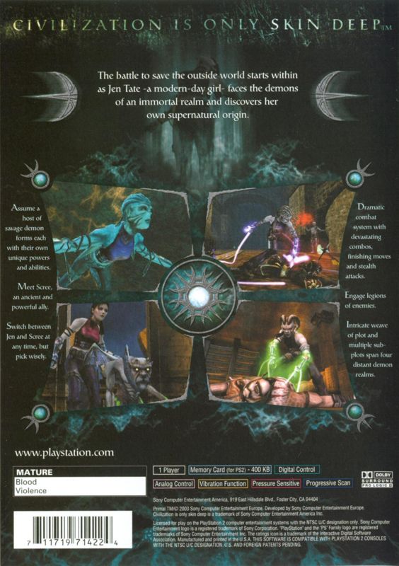 Primal | PlayStation 2 | back cover | region=North America | source-country=Canada,United States | zypher-v2 | moby-f80b1daf3b80 | Data by MobyGames.com