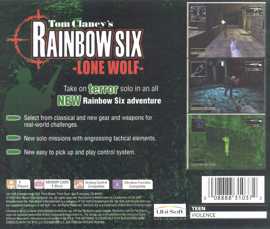 Tom Clancy's Rainbow Six: Lone Wolf | PlayStation | back cover | region=North America | source-country=United States | zypher-v2 | moby-13d19f39151a | Data by MobyGames.com